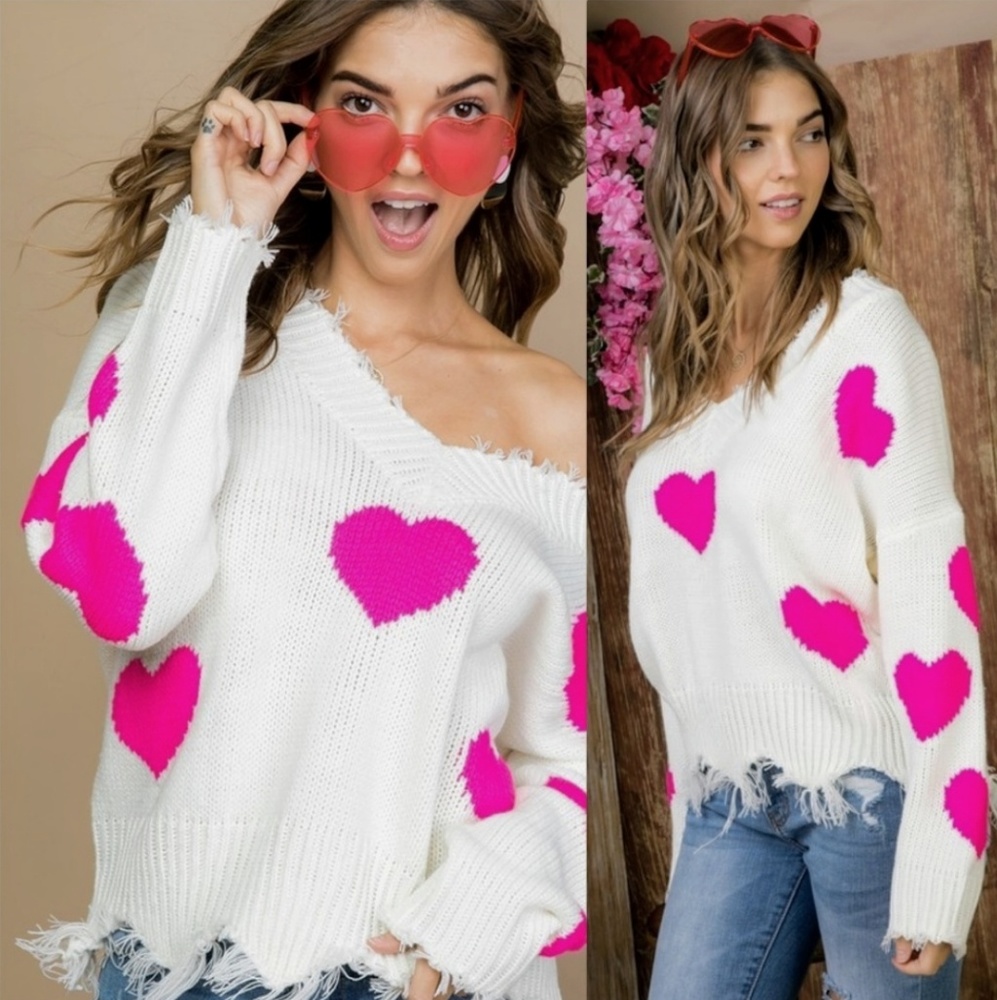 New Heart  Embellished Off Shoulder Knit Sweater - Picture 5 of 8